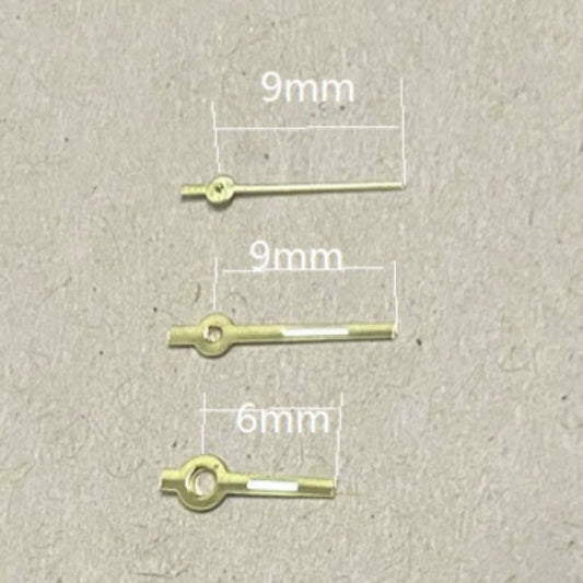 Golden trim green lume arrow watch hands for Miyota 2035, precise fit and luminous visibility.