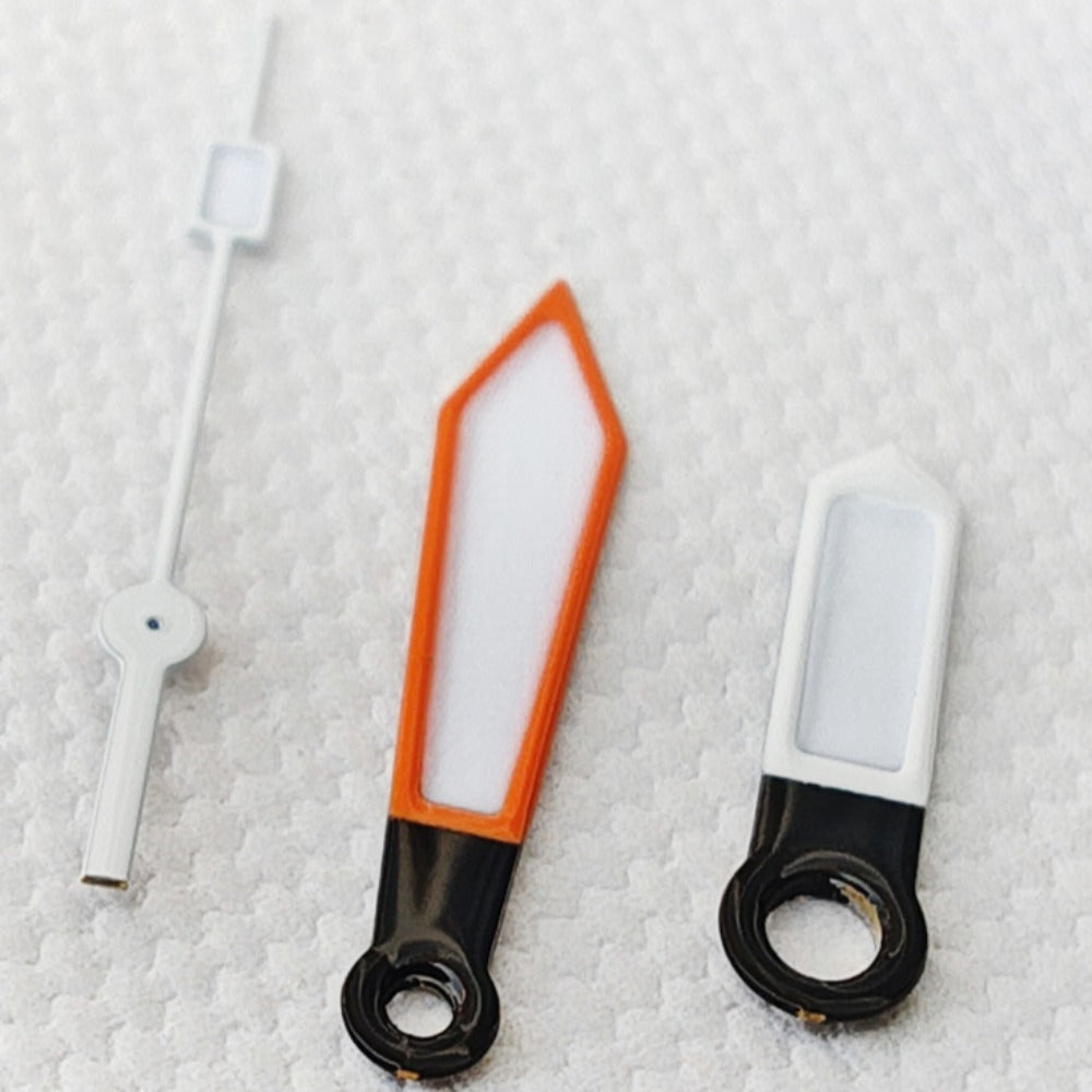 Green lume orange and white watch hands by C3, compatible with NH34, NH35, NH36, NH38, NH39, NH70, NH72 movements.