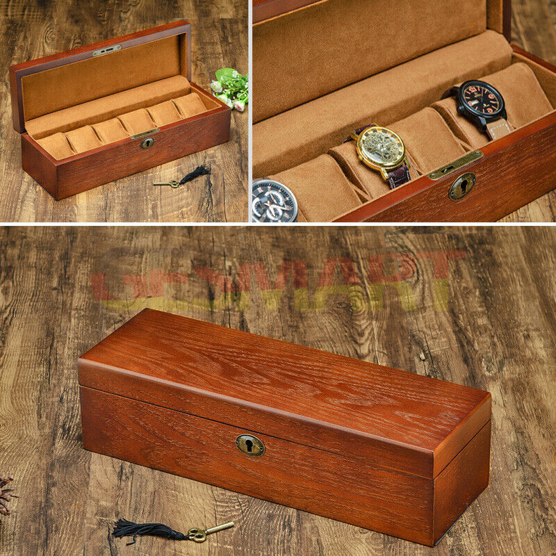 Wood watch box organizer with 6 padded slots, perfect for stylish and secure watch storage.