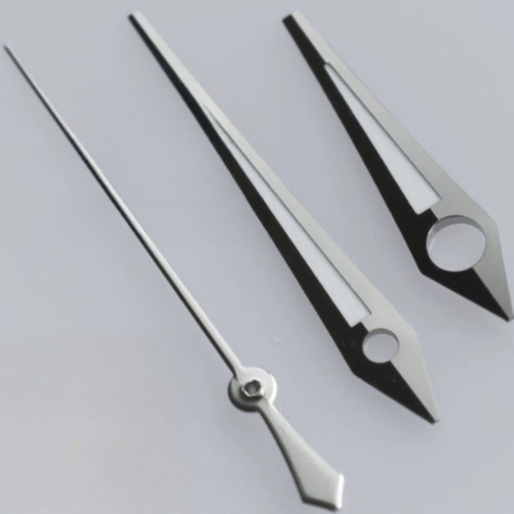 Silver-trimmed green lume arrow watch hands for ETA2836 & 2824 movements, precision accessory.