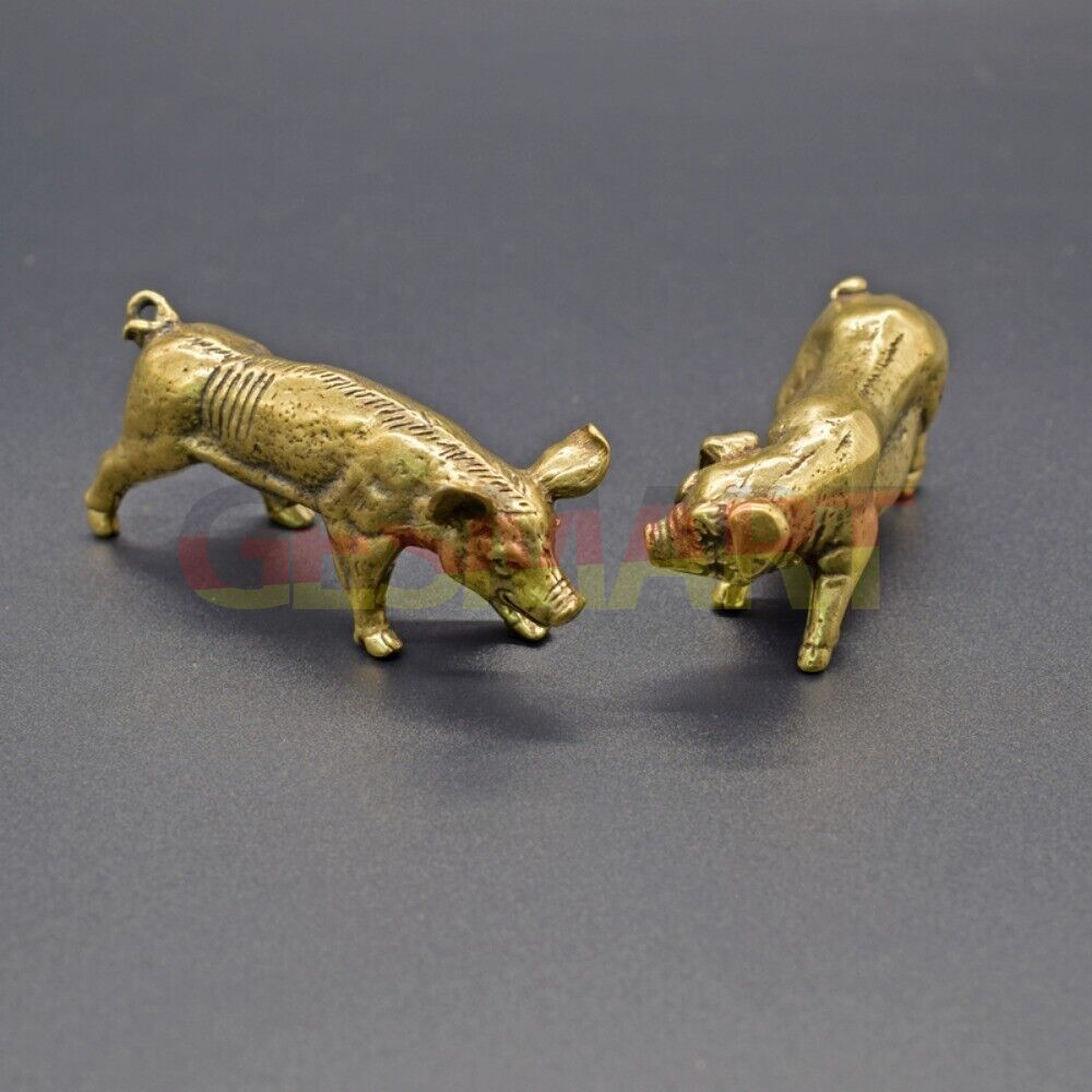 Solid copper boar sow trinket with vintage hand-carved details, bronze figurine for watch accessory display.
