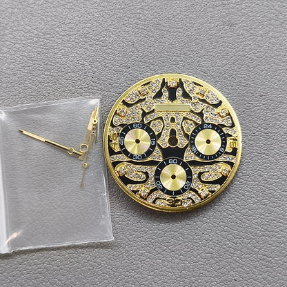 Embedded Diamond Watch Dial with Gold Trim Watch Hands for VK63 Movement