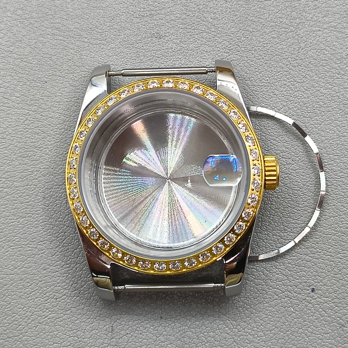 36mm Rose Gold Diamond Steel Watch Case with Magnifier for NH35/36 Sapphire Crystal