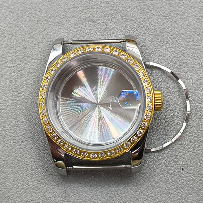 36mm Rose Gold Diamond Steel Watch Case with Magnifier for NH35/36 Sapphire Crystal
