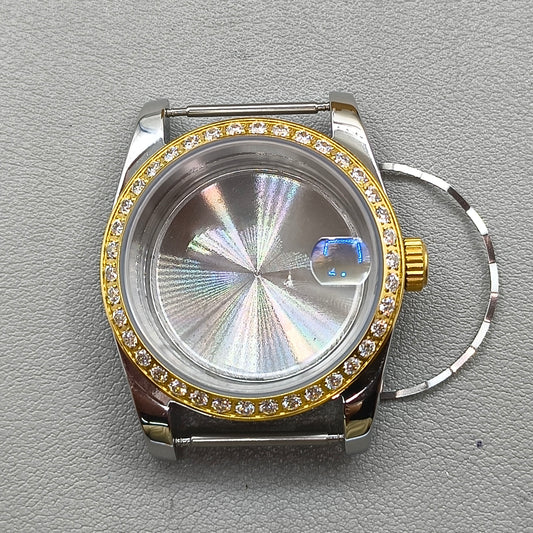 36mm Rose Gold Diamond Steel Watch Case with Magnifier for NH35/36 Sapphire Crystal
