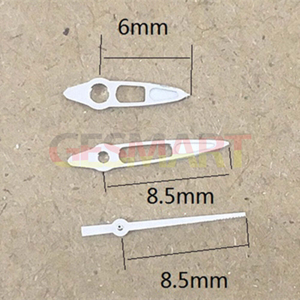 White hollow arrow point watch hands, 8.50mm, for Miyota 7T35 quartz movement.