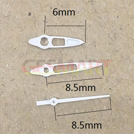 White hollow arrow point watch hands, 8.50mm, for Miyota 7T35 quartz movement.