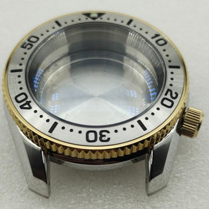 42mm silver polished watch case with golden bezel, compatible with SPB185/SPB187J1 and NH35/36/4R/6R movements.