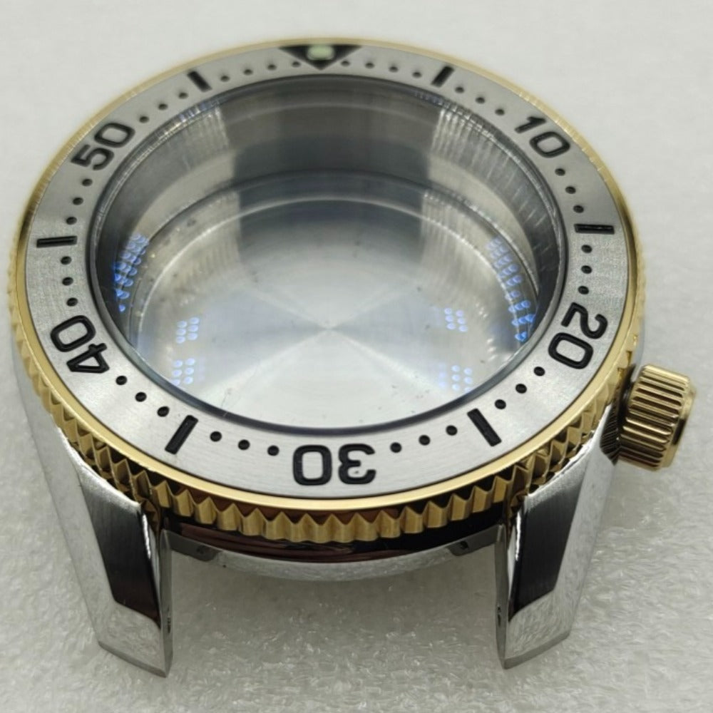 42mm silver polished watch case with golden bezel, compatible with SPB185/SPB187J1 and NH35/36/4R/6R movements.