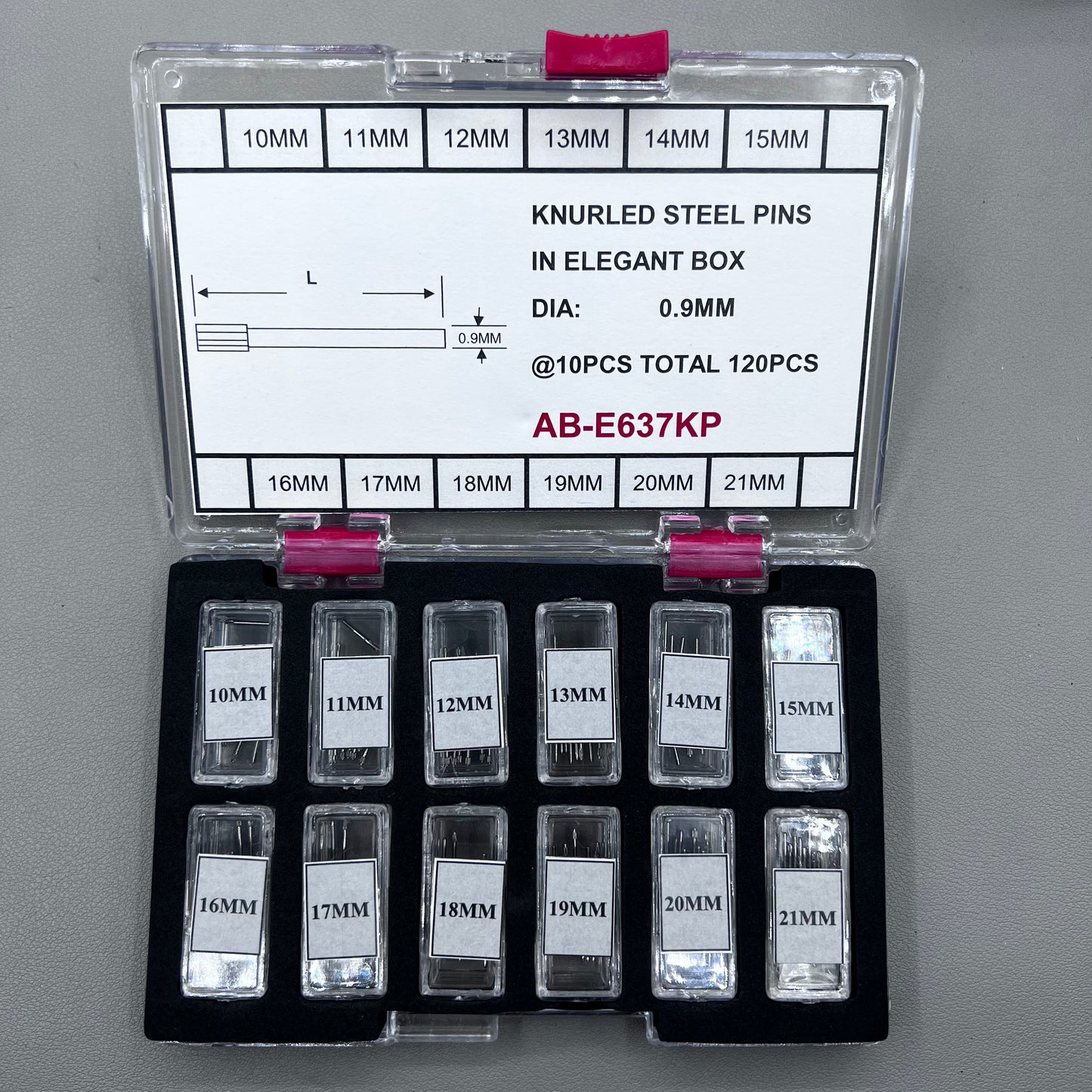 Knurled steel pins set, 120 pieces in elegant box, sizes 10-21mm, 0.9mm diameter for watch accessories.