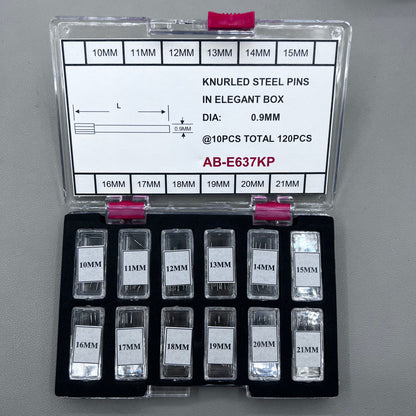 Knurled steel pins set, 120 pieces in elegant box, sizes 10-21mm, 0.9mm diameter for watch accessories.