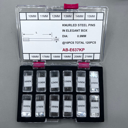 Knurled steel pins set, 120 pieces in elegant box, sizes 10-21mm, 0.9mm diameter for watch accessories.