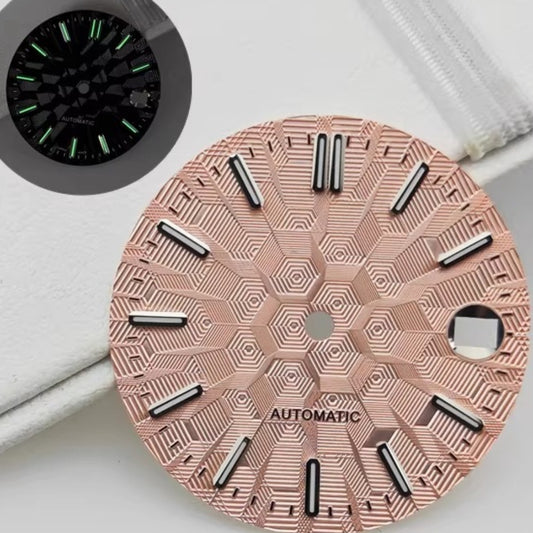 Pink 28.5mm silver nail lume watch dial compatible with NH35 NH36 movements.