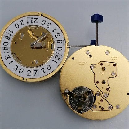 Swiss Made Ronda 5020.B quartz movement for golden watch repairs and upgrades.