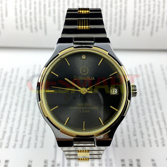 Qionghua 37mm steel manual mechanical watch with black dial and single calendar, 17 jewels.
