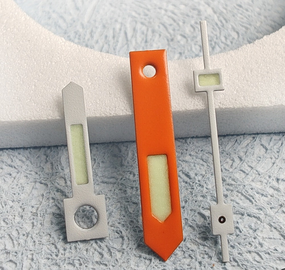 Vintage orange and white trim C3 green lume watch hands for NH34, NH35 models, perfect for restoration.