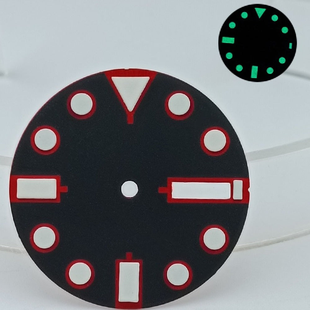Metallic 28.5mm red font black diving watch dial with green lume for NH36 - durable brand accessory.