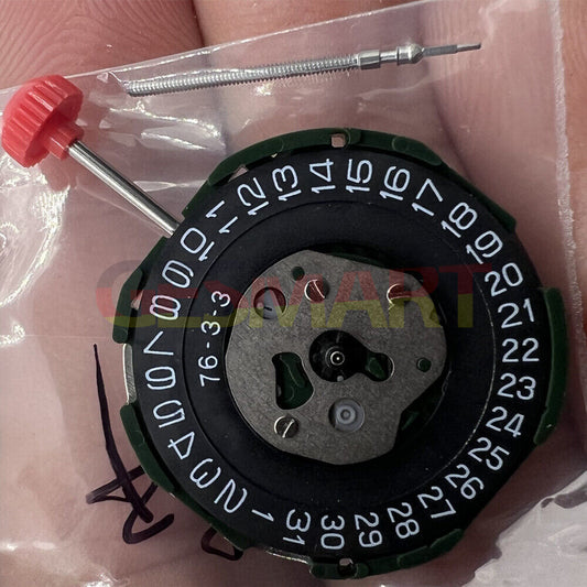 Miyota 2115 Japan Quartz watch movement showing date at 3 o'clock with black disk and three hands.