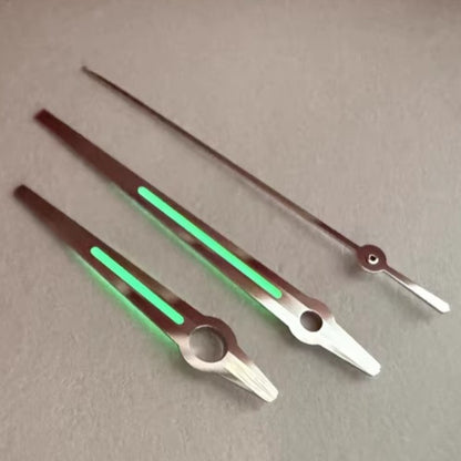 Silver C3 green lume watch hands designed for ETA2824 and 2892 movements.