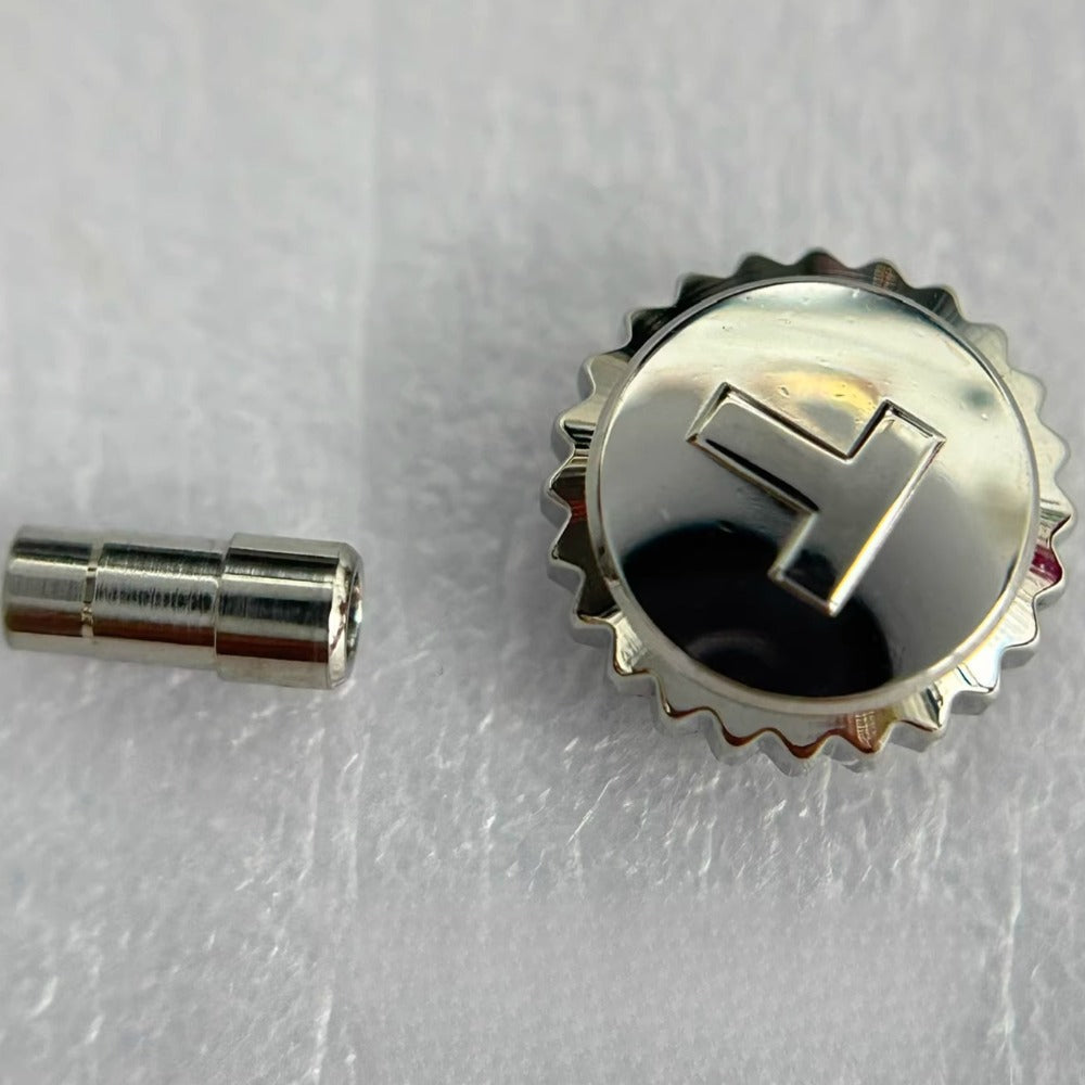 Steel silver watch crown replacement part for Tissot T099427, ideal for precise watch repair and maintenance.