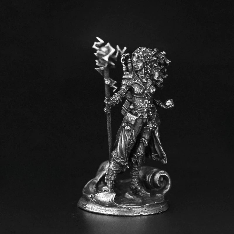 White Brass Figurine Female Sorceress Miniature - Mage Staff and Orb RPG Figure0-5