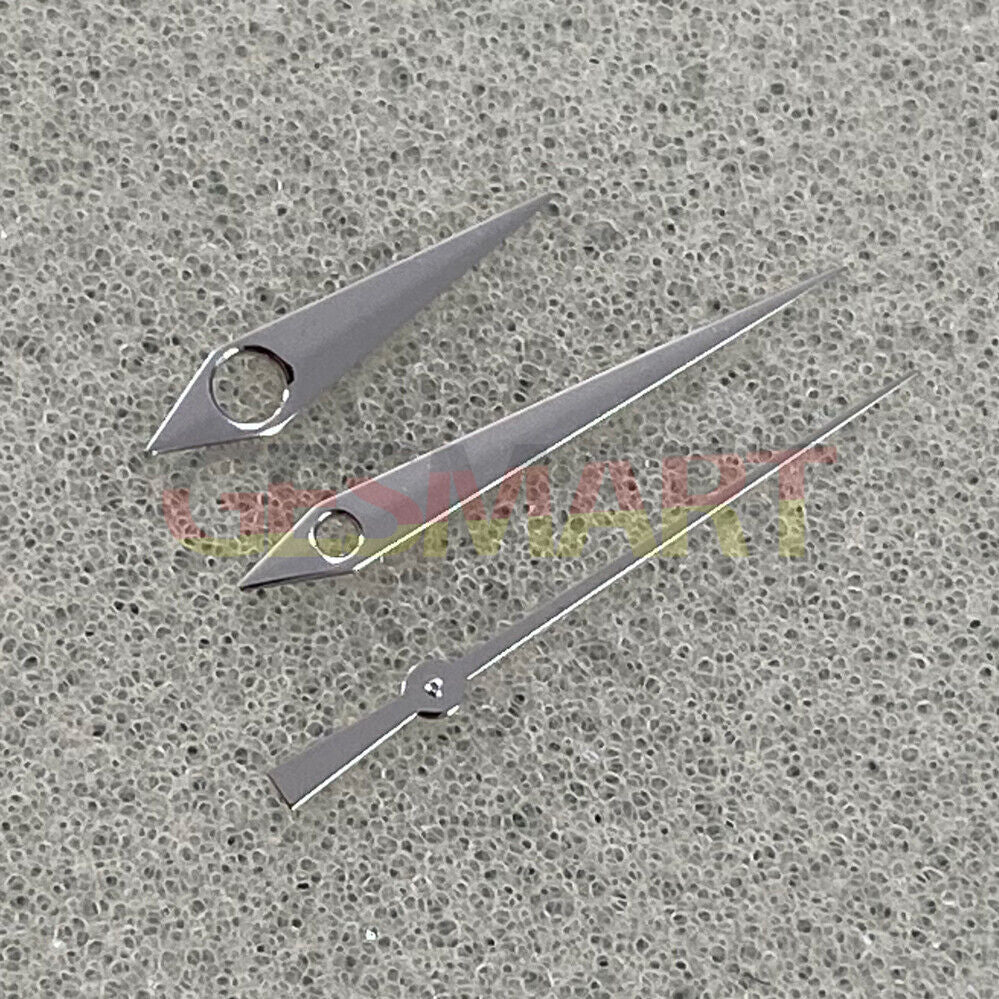 Blue-green luminous pointed watch hands with polished finish for NH35/NH36/4R/7S movements, Seiko-compatible.