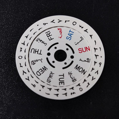 NH36 watch movement with hand-held calendar date disc wheel and day match features.