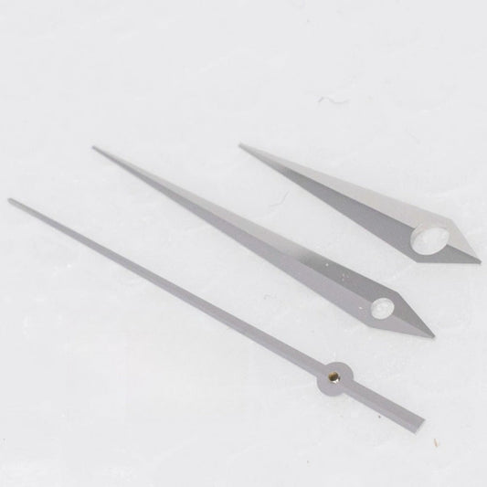 Silver arrow-shaped no-lume watch hands for ETA2824 movement, precise fit for watch repair and customization.