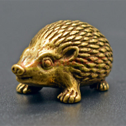 Solid copper vintage little hedgehog figurine, hand-carved bronze model.