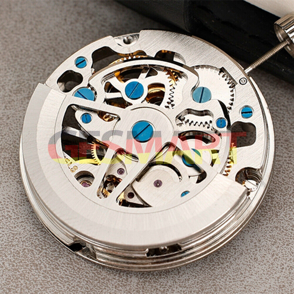 Silver SL1911 hollow balance wheel watch movement by China Made, automatic mechanical for precision repairs.