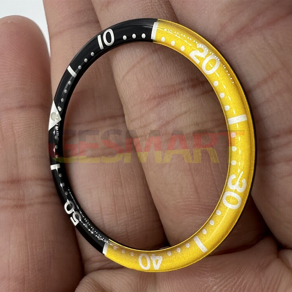 39mm black-yellow aluminium watch bezel insert with circular arc bevel for durable watch accessory.