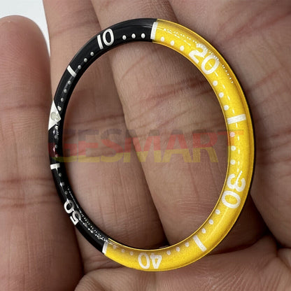 39mm black-yellow aluminium watch bezel insert with circular arc bevel for durable watch accessory.