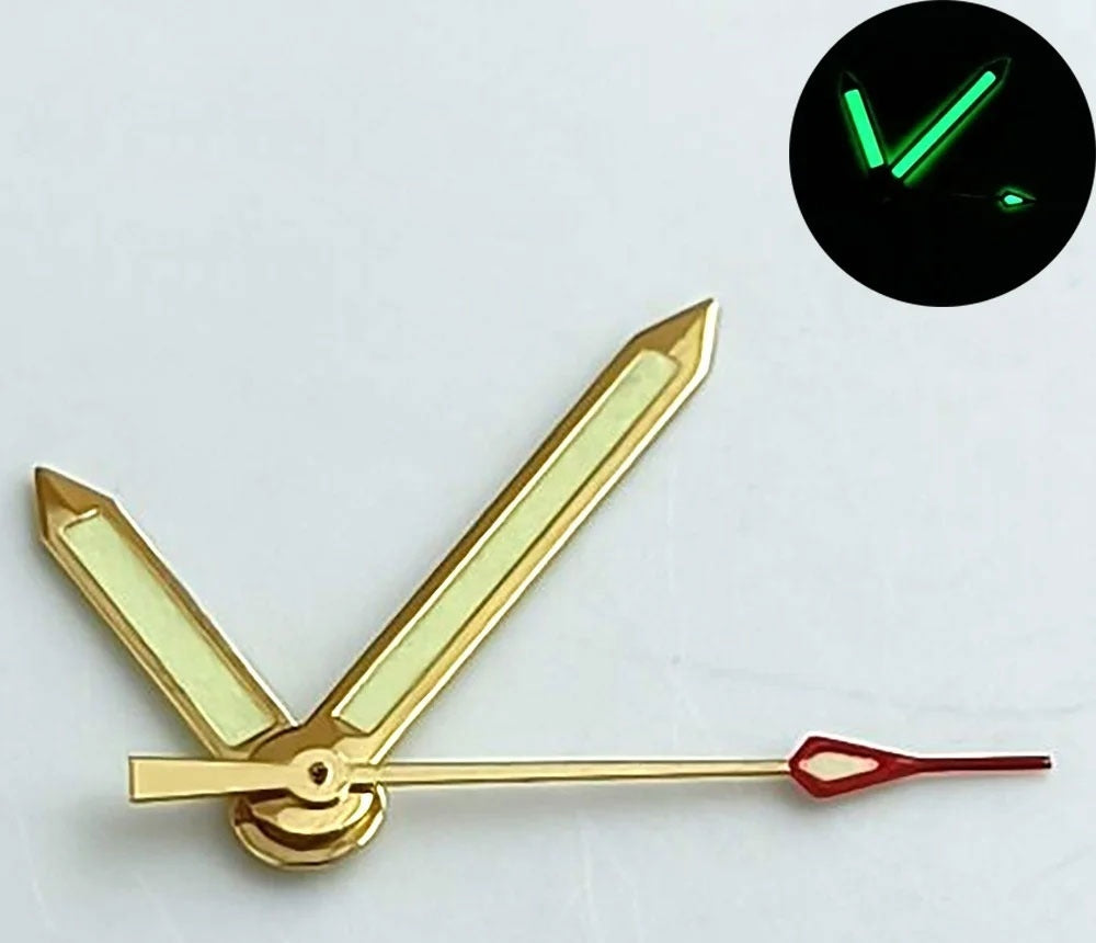 Green lume arrow-shaped watch hands with golden trim for NH35, NH36, 7S26, NH70 movements.