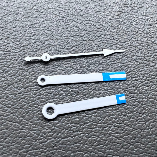 Set of blue tip white trim watch hands compatible with Miyota 2035 quartz movement, precise fit.