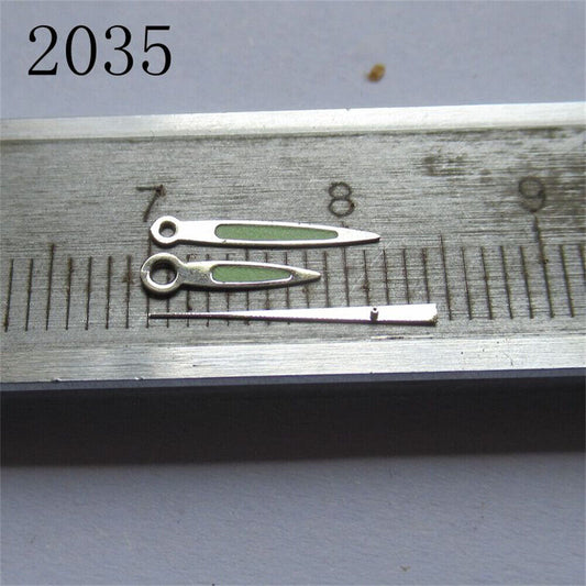 Green luminous arrow-shaped watch hands set compatible with Miyota 2035, 2115, 2105, 2305 movements.