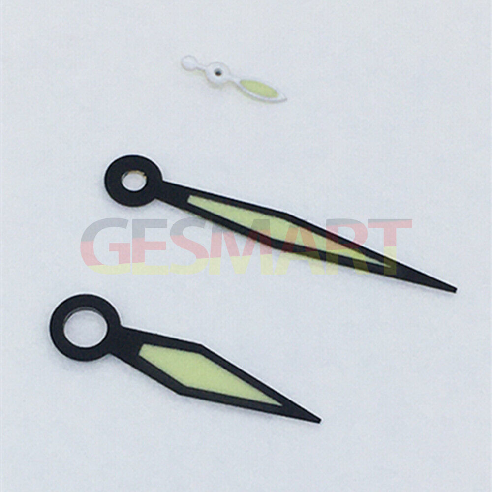 Black trim diamond-shaped green lume watch hands for ST3600/ST3620/ETA6497/6498 movements, precise fit.