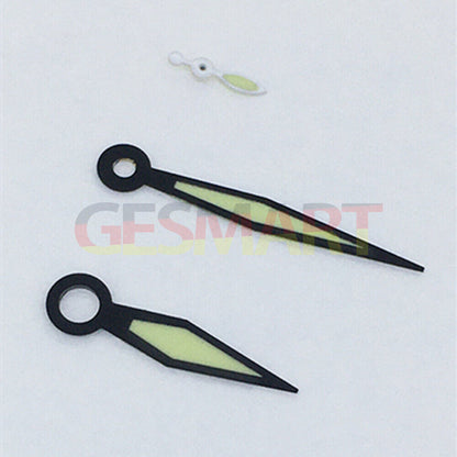 Black trim diamond-shaped green lume watch hands for ST3600/ST3620/ETA6497/6498 movements, precise fit.