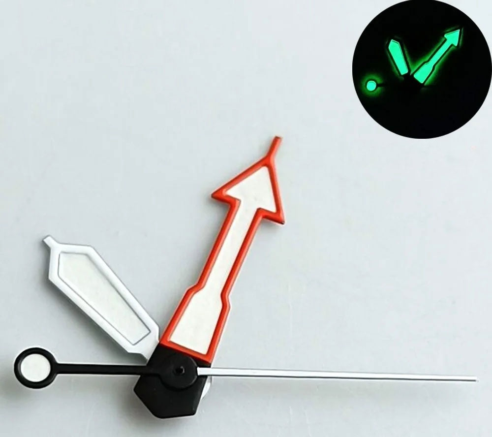 Green lume arrow-shaped watch hands with red and white trim for NH35, NH36, 7S26, NH70 movements.