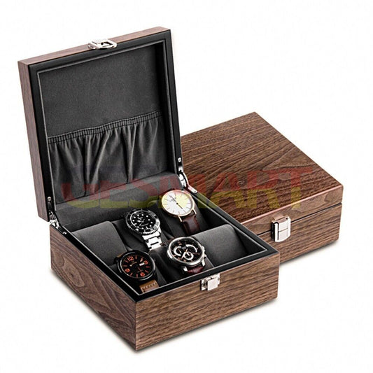 Walnut wood watch box organizer with 6 slots for watch and jewelry storage, elegant display case.