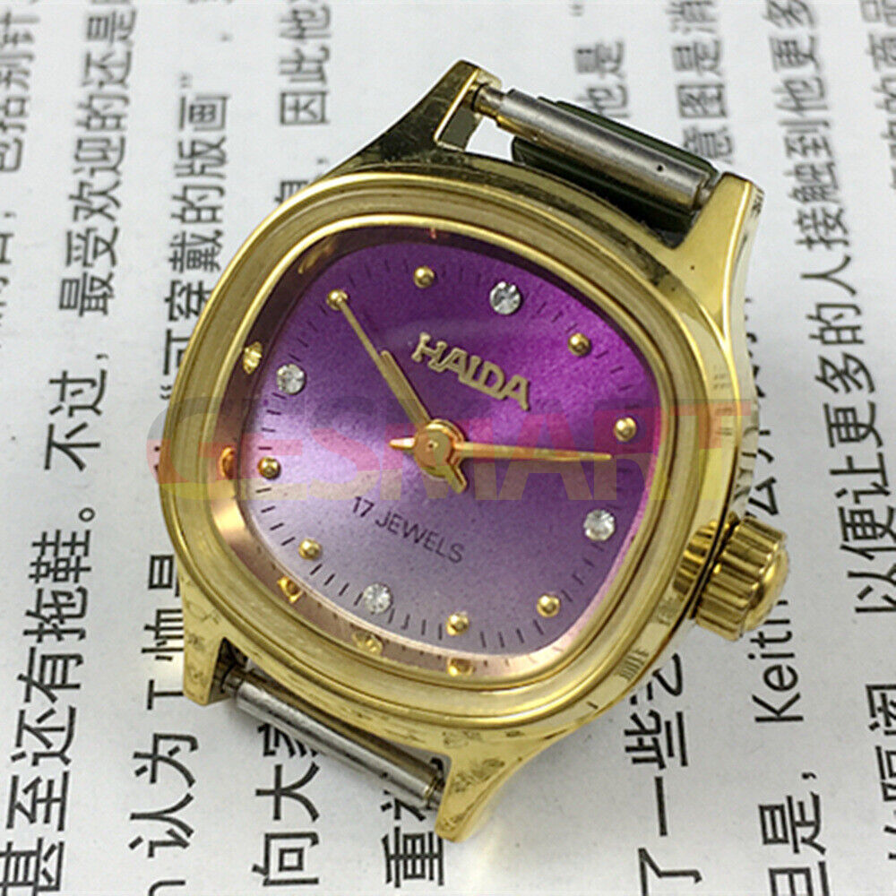 SHANGHAI HAIDA Montre mécanique manuelle pour femme, clou doré, cadran violet, boîtier carré
