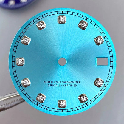 Mod Diamond Index 28.5mm watch dial in silver blue green, compatible with NH35A NH36A automatic movements.