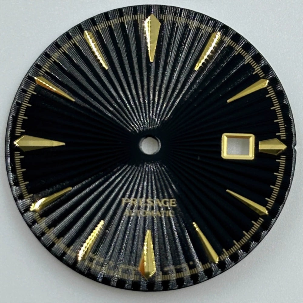 35mm golden nail-style watch dial with black cocktail design, no lume, for NH35 movement, perfect for custom watches.