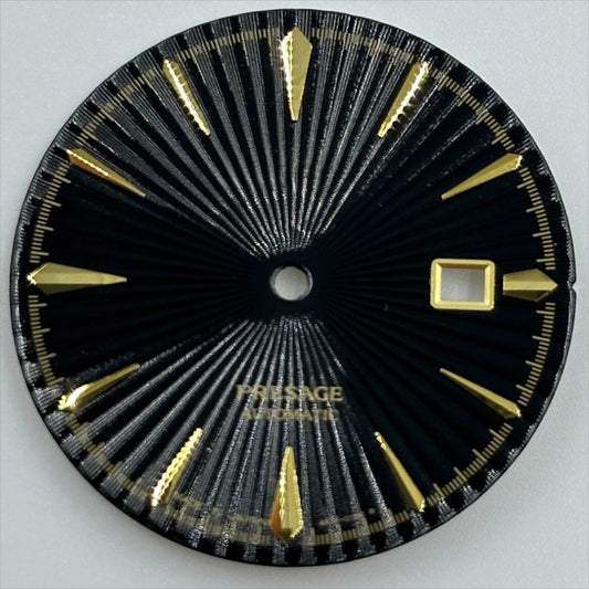 35mm golden nail-style watch dial with black cocktail design, no lume, for NH35 movement, perfect for custom watches.