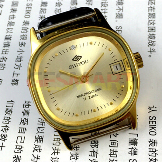 Golden 35mm manual mechanical watch with single calendar, crafted in China, featuring elegant golden dial and case.