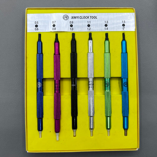 Set of 6 watch hand pressers for precise watch hand fitting and repair tools.