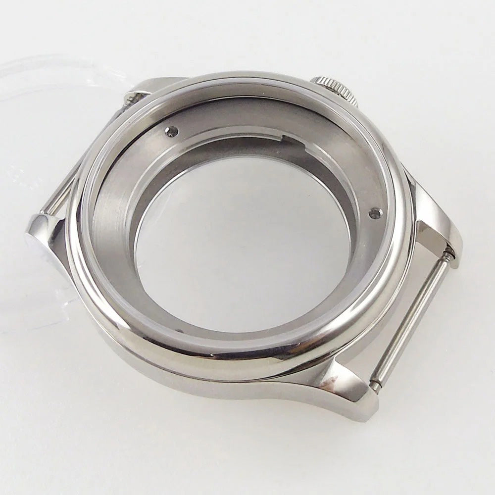 39mm watch case with sapphire crystal back for MIYOTA 8215 automatic movement, durable wristwatch part.