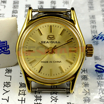 26mm gold round case ladies watch by Tianjin Seagull with elegant manual mechanical movement.