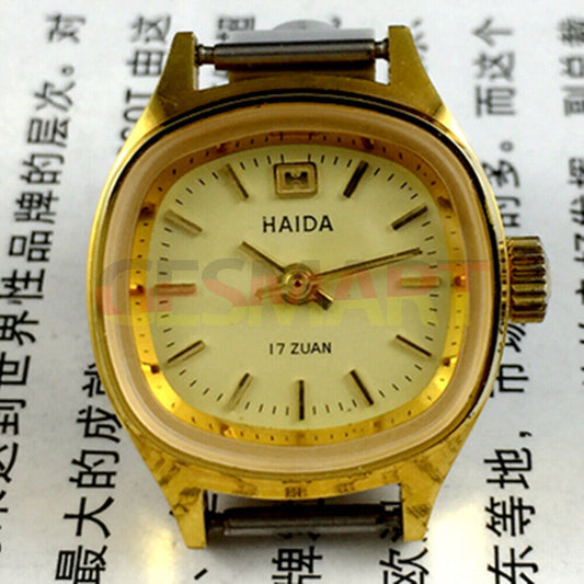 HAIDA Manual mechanical lady watch with yellow dial, square case, golden nail markers, 17 jewels, elegant design.