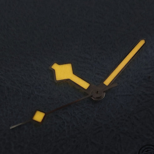 Snowflake-style black trim vintage watch hands with C3 orange lume for NH34 NH35 NH36 NH38 movements.