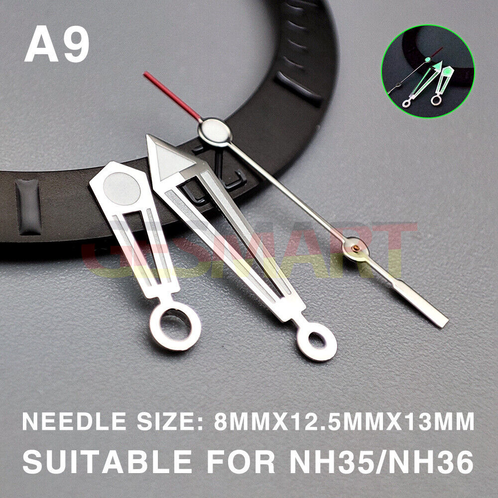 Green lume pointed hollow silver trim 13mm watch hands for Miyota NH35/NH36/NH38 movements